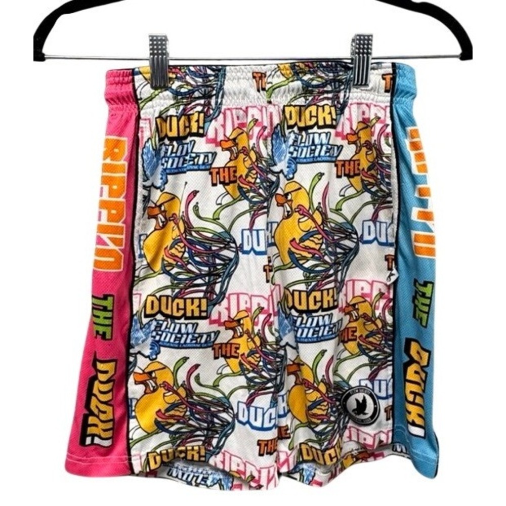 Flow Society Youth Medium Lacrosse Shorts Duck Graphic Mesh Athletic White Pink